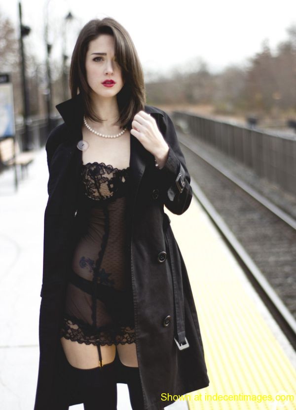 Gothic black lingerie in public